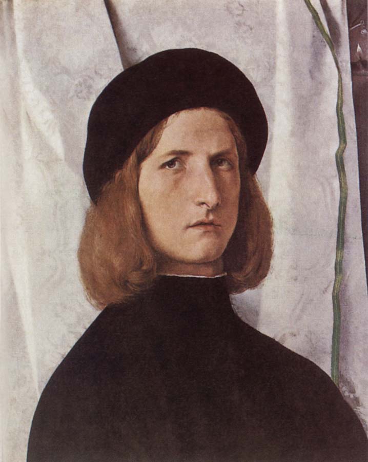 Lorenzo Lotto Portrat of a young man before a woman curtain